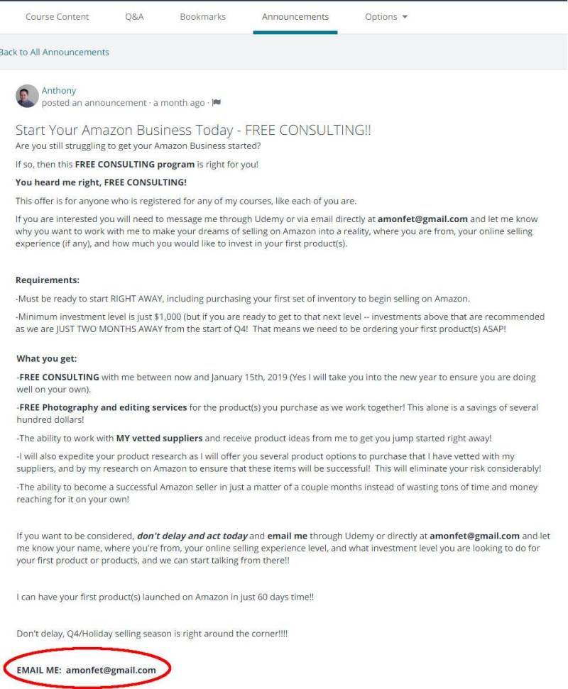 Anthony Monfet announces free consulting program on Udemy.com